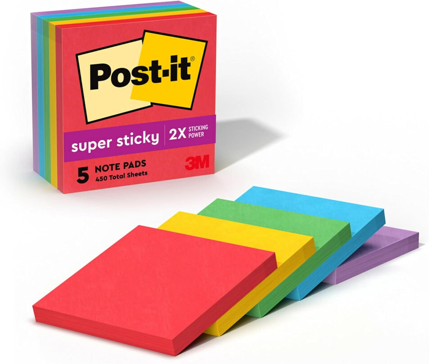 Post-it Super Sticky Notes, 5 Sticky Note Pads, 3 x 3 in., School Supplies and Office Products, Ideal for Textbooks, Notebooks, Walls and Vertical Surfaces, Playful Primaries Collection