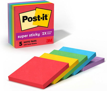 Post-it Super Sticky Notes, 5 Sticky Note Pads, 3 x 3 in., School Supplies and Office Products, Ideal for Textbooks, Notebooks, Walls and Vertical Surfaces, Playful Primaries Collection