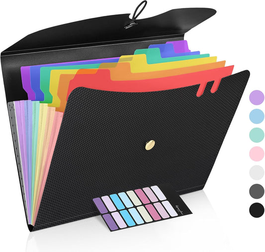 Sooez 7 Pocket Expanding File Folder, Premium Accordion File Organizer, Letter Size Folders for Documents, Sleek Filing Folders with Bungee Closure, Portable Folders for School Office Supplies, Black