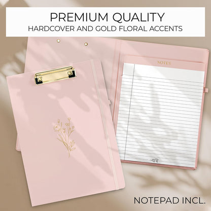 Aesthetic Clipboard Folio with Refillable Lined Notepad & Interior Pocket – Cute Padfolio/Legal Pad Holder for Women – Easily Organize Notes at Work, School, or Home