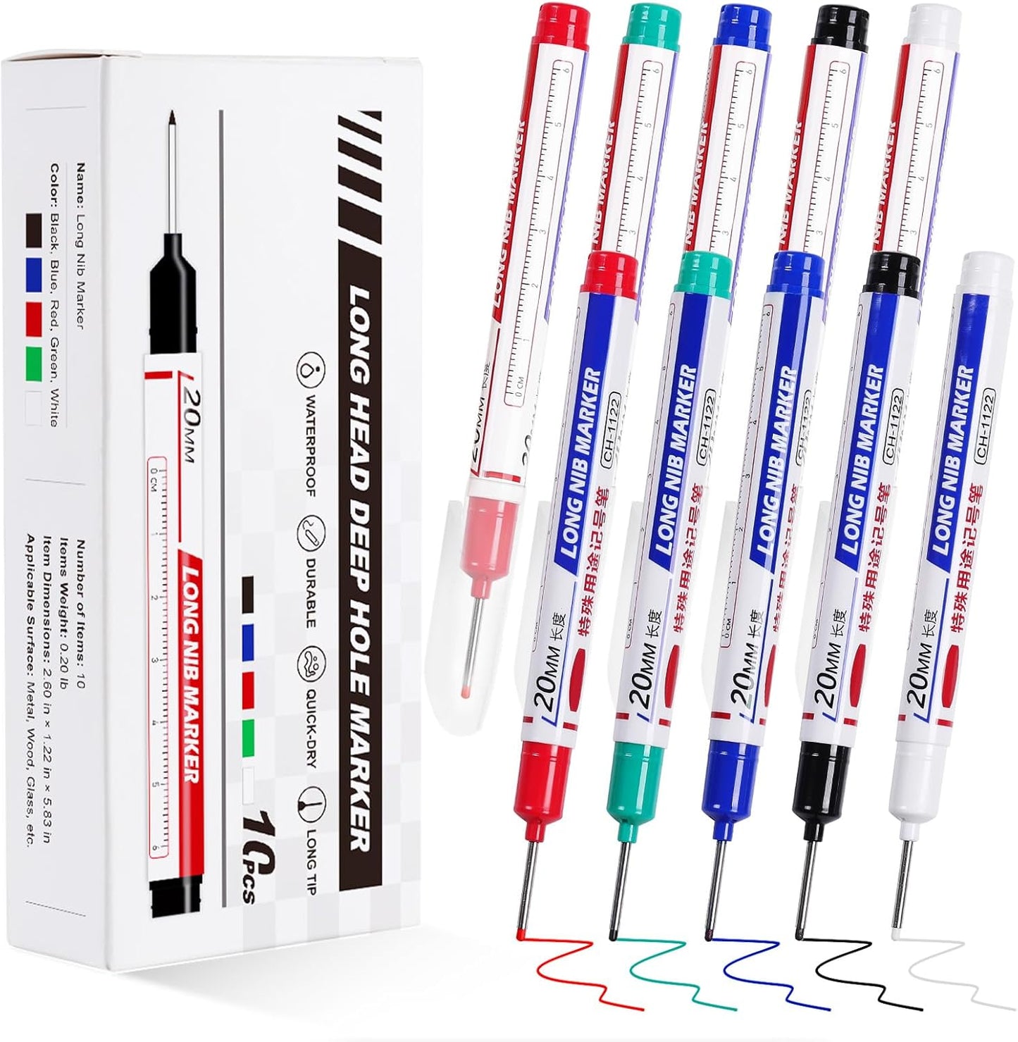 10 PCS Long Head Deep Hole Marker Pens, 20 MM Long Nib Marker for Metal, Multi-purpose Deep Reach Markers Quick Dry Waterproof Marking Pens Construction Markers with Long Nose