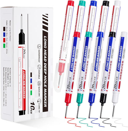 10 PCS Long Head Deep Hole Marker Pens, 20 MM Long Nib Marker for Metal, Multi-purpose Deep Reach Markers Quick Dry Waterproof Marking Pens Construction Markers with Long Nose