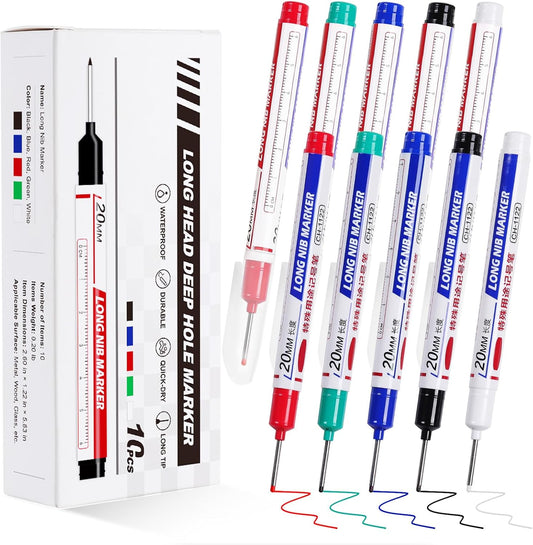 10 PCS Long Head Deep Hole Marker Pens, 20 MM Long Nib Marker for Metal, Multi-purpose Deep Reach Markers Quick Dry Waterproof Marking Pens Construction Markers with Long Nose