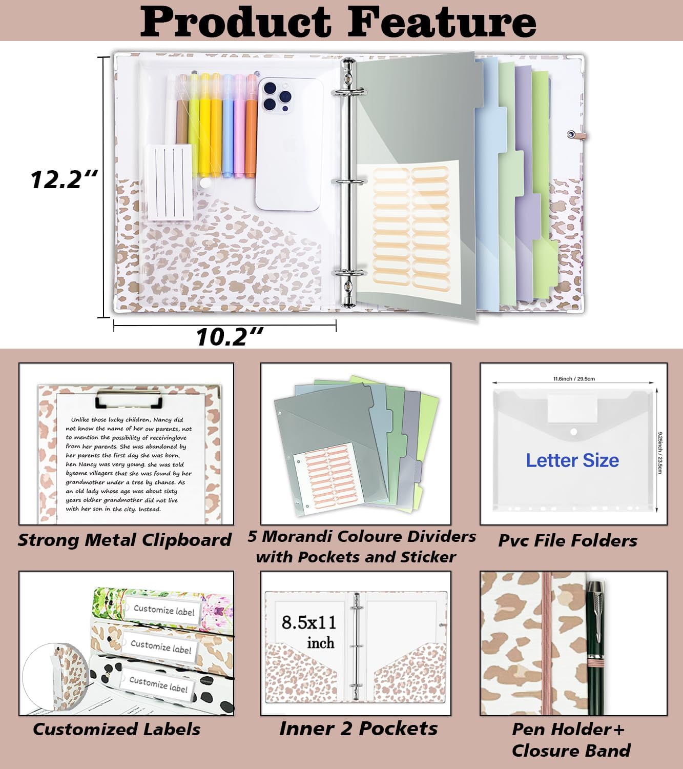 3 Ring Binder 1 Inch, Three Ring Binders Organizer with Clipboard, 5-Tabs Pockets Dividers, Plastic Folder, 18 Divider Stikers, BVSSX Pretty Binder with Pen Loop (Black Weeds, Letter Size)