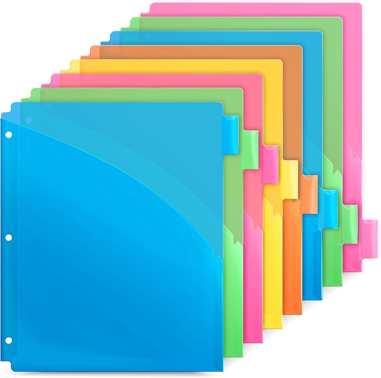 Dunwell 8-Tab Dividers with Pocket for 3-Ring Binders (3 Sets, 24 Count), Plastic One Pocket Dividers with Tabs, Slash File Jackets 3 Hole Punched for 8.5x11 Paper, Poly Pocket Notebook Dividers