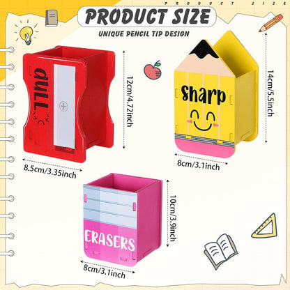 AmazingSpark 3 Pcs Pencil Shaped Holder Sharp and Eraser and Dull Holder Wooden Dispenser Pencil Storage Organizer for Back to School Management Organization (Classic)