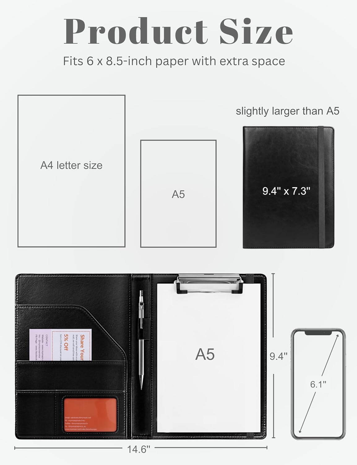 Small Clipboard Junior Padfolio Folio 7 x 9 Writing Pad Refillable, Mymazn Faux Leather Folder A5 for Notepad 5 x 8 Junior Size Portfolio (Black)