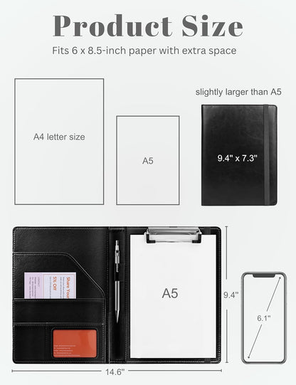 Small Clipboard Junior Padfolio Folio 7 x 9 Writing Pad Refillable, Mymazn Faux Leather Folder A5 for Notepad 5 x 8 Junior Size Portfolio (Black)