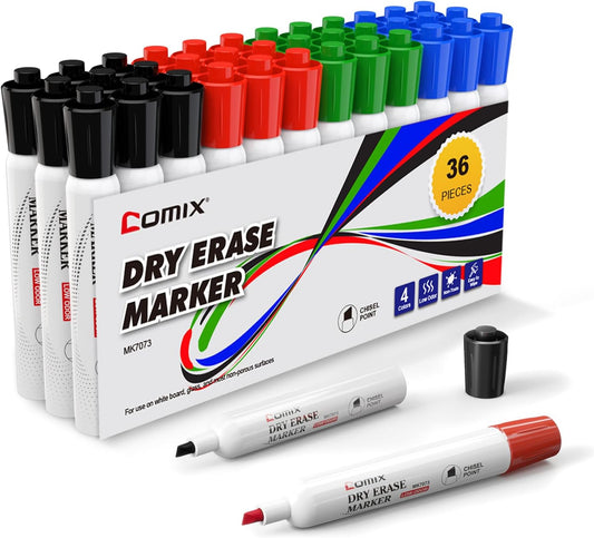 Comix Low Odor Dry Erase Markers Black, 36 Bulk Black Color Whiteboard Markers, Chisel Tip Thick Markers for Classroom, Teachers, Office, School Supplies