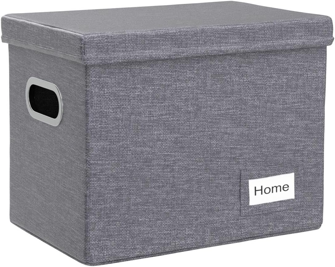 PRANDOM File Organizer Box - Collapsible Decorative Linen Filing Storage with Lids for Letter Size - Grey (14x9.3x10.8 inch)