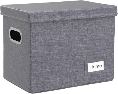 PRANDOM File Organizer Box - Collapsible Decorative Linen Filing Storage with Lids for Letter Size - Grey (14x9.3x10.8 inch)