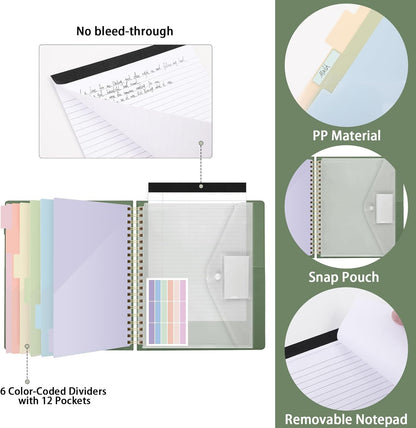 SKYDUE Clipboard Folder with Storage, 6 Dividers with 12 Pockets for Letter Size, Storage Clipboard Folio with Refillable Notepad, Spiral Clipboards Padfolio for Teacher Worker Nurse