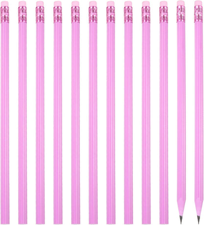PATIKIL Round Pencils, 12 Pack Triangle HB Graphite Pencil Woodcase Wooden Pencils with Eraser for Classroom Office Writing Drawing Supplies, Pink