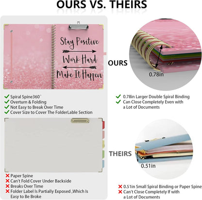 Clipboard Folio with Storage Clipboards Padfolio Notebook for Letter Size (11" x 8.5"), Pink Clipboards with 10 Pockets and 5 Folders Nursing Teacher School Essentials (Stay Positive)