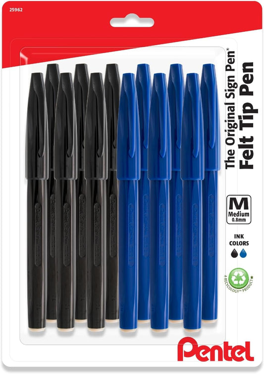 Pentel Sign Felt Tip Pens, Fiber-Tipped, Pack of 12 Felt Tip Markers (6 Black & 6 Blue),0.8 mm Medium Point
