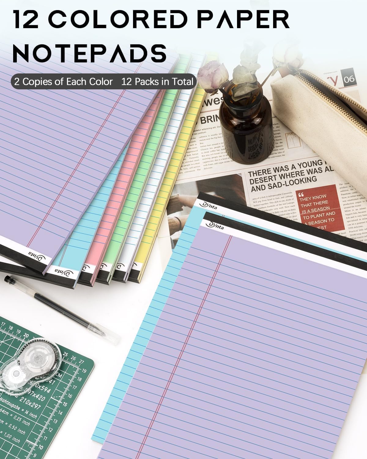Dynta 12 Pack Legal Pads, 540 Sheets Wide Ruled Lined Writing Note Pads, 8.5 x 11.75 Inch, 45 Sheets Per Notepad, Colored Paper