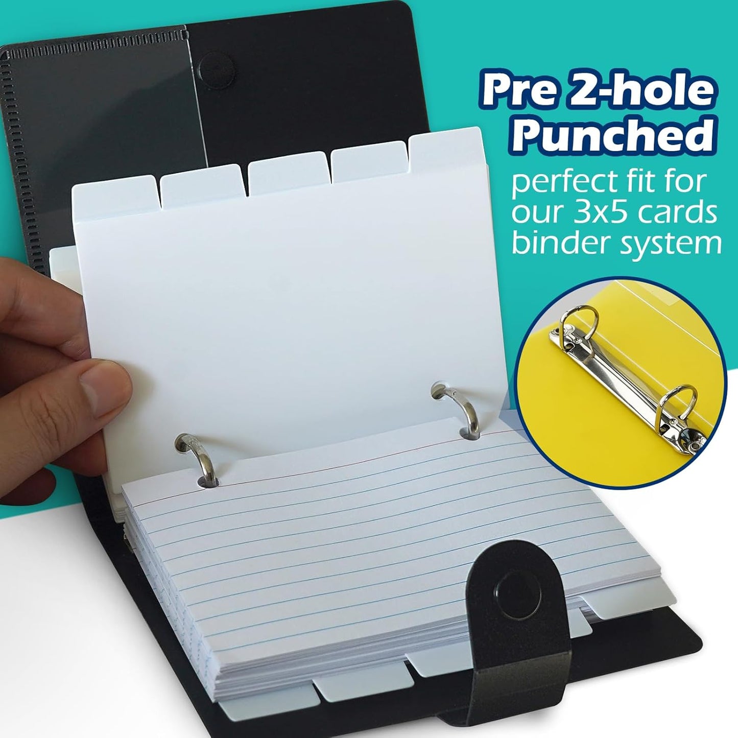3x5 Lined Index Cards with Ring Binder Holder and Dividers, 100 Ruled Cards, Blue