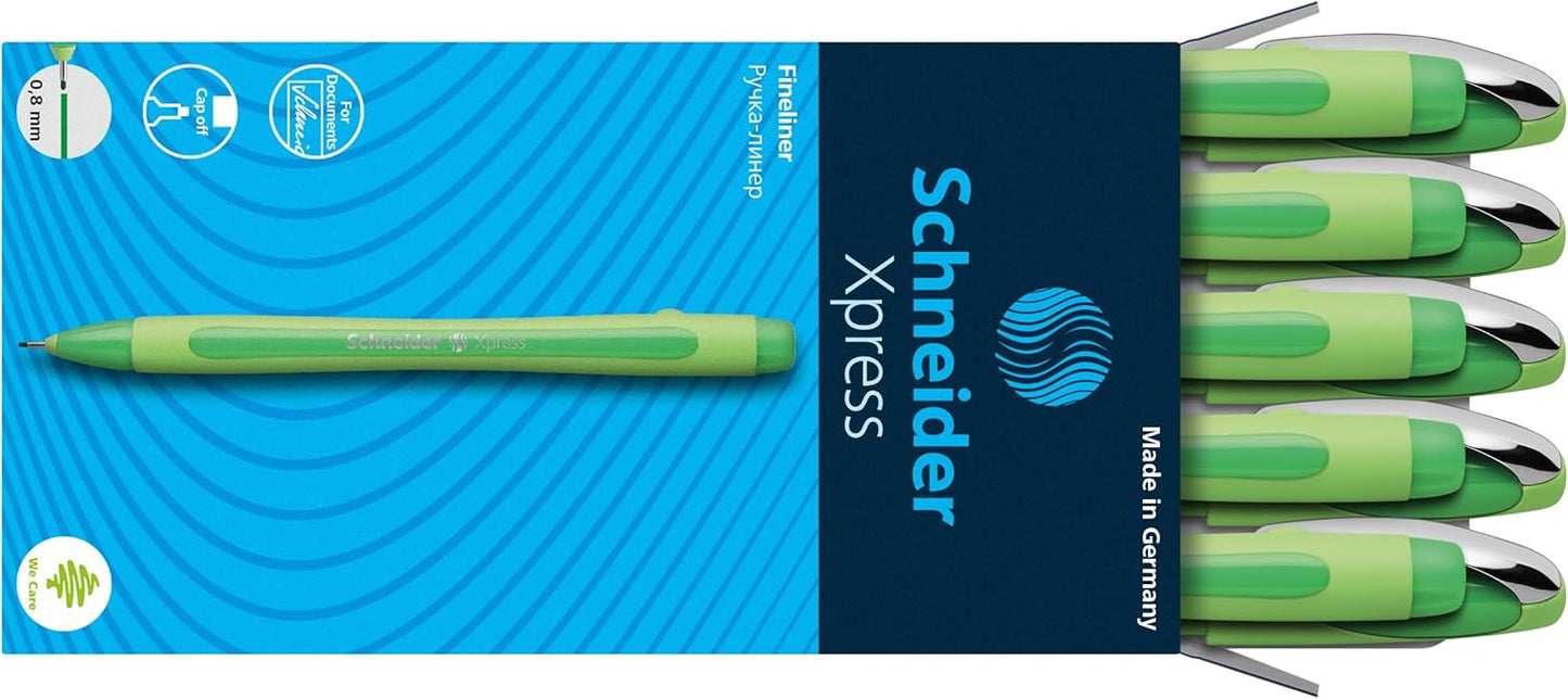 Schneider Xpress Premium Fineliner, 0.8 mm Porous Point, Light Green Barrel, Blue Ink, Box of 10 Pens (190003)