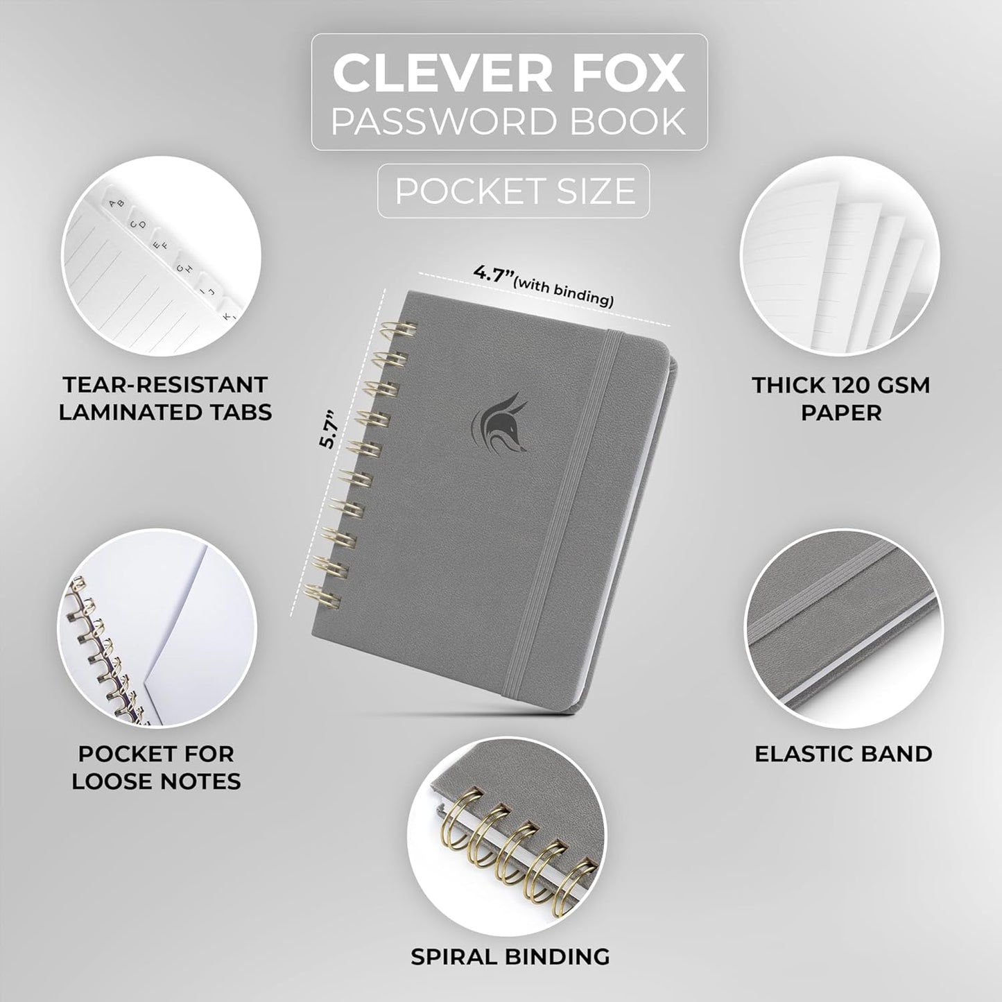 Clever Fox Password Book Spiral – Internet Address & Password Organizer with Laminated Alphabetical Tabs – Password Keeper Journal – Hardcover, Medium Size, 6.1x7.7” (Mystic Blue)