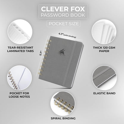 Clever Fox Password Book Spiral – Internet Address & Password Organizer with Laminated Alphabetical Tabs – Password Keeper Journal – Hardcover, Medium Size, 6.1x7.7” (Mystic Blue)