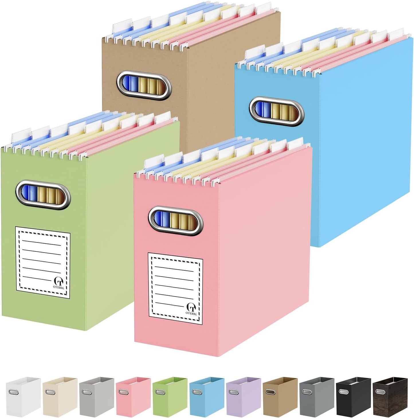 Oterri File Organizer Box, Portable Collapsible Cardboard File Folder Organizer with Handle for Letter Size Hanging Files, Document Storage Box for Home Office & Classroom (4 Packs, Black)
