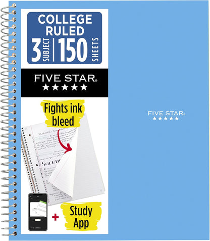 Five Star Spiral Notebook + Study App, 3 Subject, College Ruled Paper, 8-1/2" x 11", 150 Sheets, Fights Ink Bleed, Water Resistant Cover, Amethyst Purple (38746)