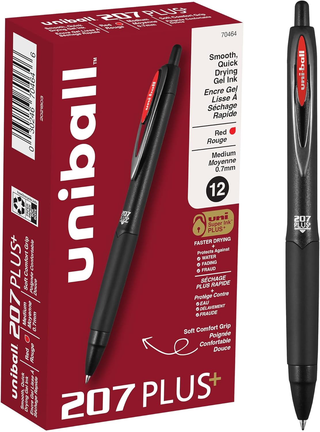 uniball 207 Plus+ Retractable Gel Pens, Medium Point (0.7mm), Black, 4 Pack