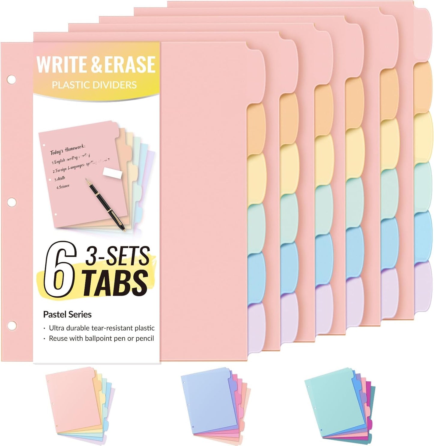 Sooez 6-Tab 3 Ring Binder dividers with tabs, Durable Plastic Write & Erase Tab Dividers for 3 Ring Binder, Aesthetic Cute Binder Dividers for Student, Teacher, Office, Home Organizers, 1 Sets
