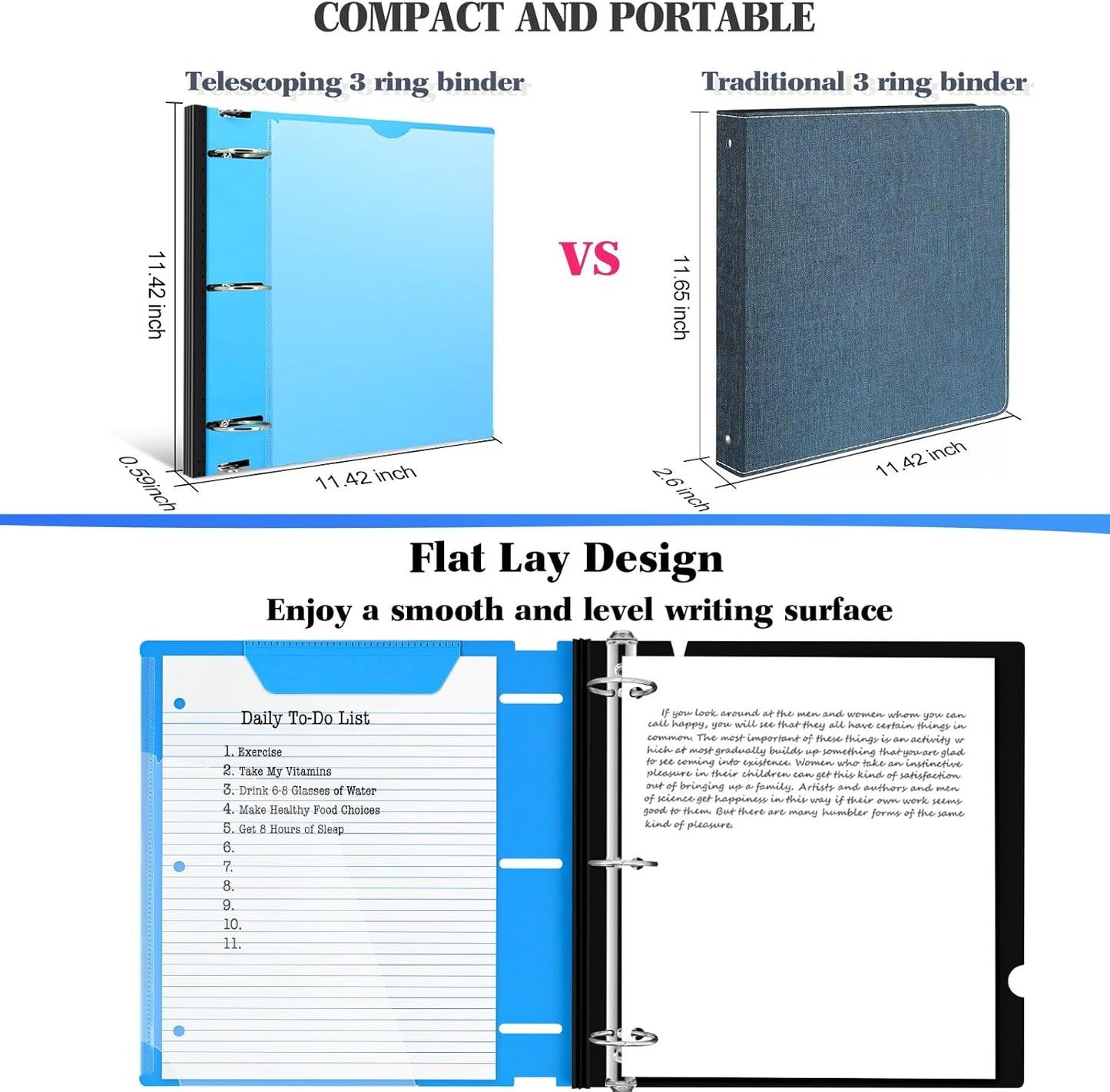 INFUN 1 Inch Telescoping 3 Ring Binder - 6PCS, Flexible Round Binder with Customizable Front Cover and Clear Catalog Pocket, 1Inch Rings, 225 Sheet Capacity-White