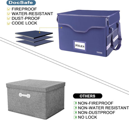 DocSafe Fireproof Document Box with Lock, File Storage Organizer with Mesh Pockets, Collapsible Portable File Box Home Office Safe Filing Cabinet with Handle for Hanging Letter/Legal Folder, Black