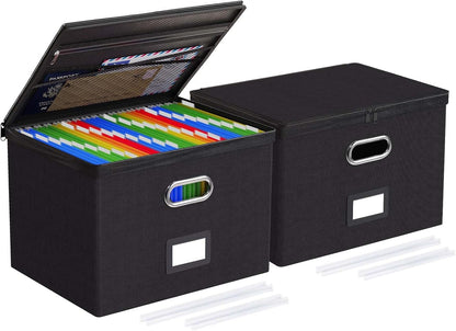 Oterri 2 Pack File Organizer Boxes with Lids, File Box with Mesh Pockets, Document Organizer Box for File Folders Letter Size, Zippers Filing Box for Home, Office, School (Green, Without Folders)