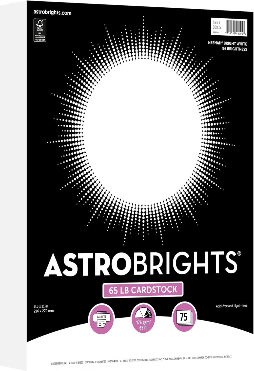 Astrobrights/Neenah Bright White Cardstock, 8.5" x 11", 65 lb/176 gsm, White, 75 Sheets (90905-02) - Packaging May Vary