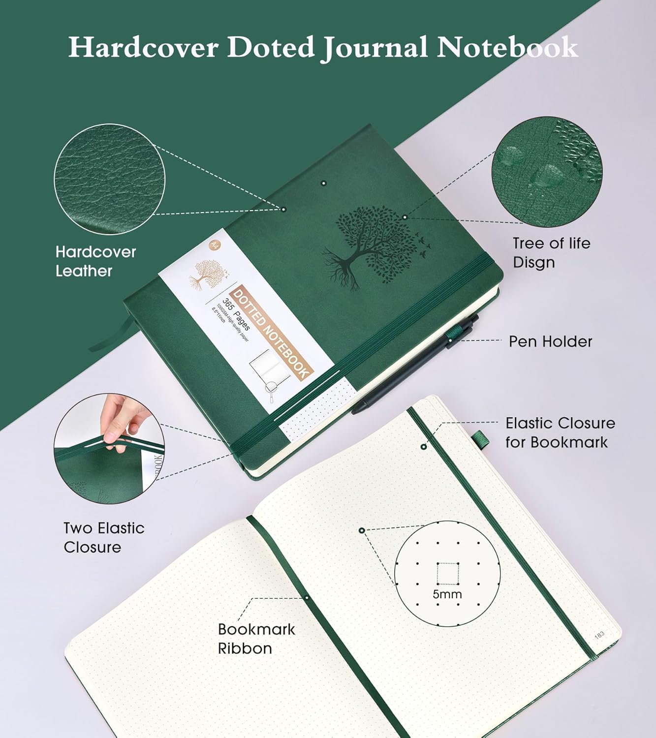 Lined Journal Notebook -365 Pages A5 Thick Journals for Writing Ruled Notebook, Hardcover Leather Journal for Women Men Daily Journal Notebook for Work, Note Taking, 100Gsm Lined Paper( 5.75'' X 8.38'' Green)