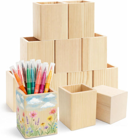 Yopay 12 Pack Wooden Pencil Holder, 4 Inch Square Desktop Wood Boxes for Crafts, DIY Unfinished Wooden Vase for Wedding Centerpieces Decor, Homemade DIY Supplies