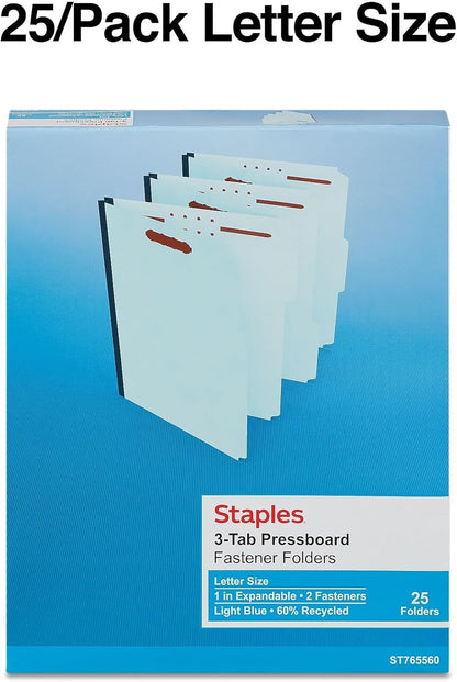 Staples Pressboard Classification Folder, Letter Size, 1" Expansion, Light Blue, Reinforced Durable Construction, 50/Carton