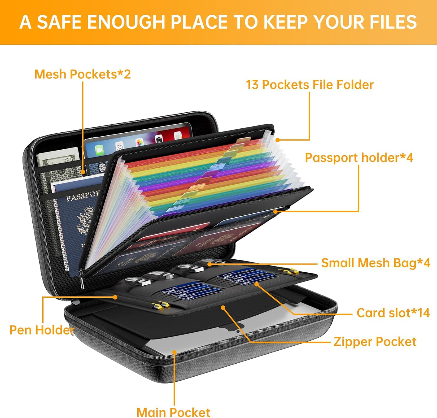 DocSafe Fireproof File Organizer with Lock, Hard-Shell Case Fireproof Document Box with 13 Pocket Accordion File Folder, Portable Home Office Travel Safe Storage for Important Documents Laptop Black
