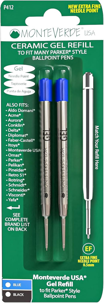 Monteverde Capless Gel Refills to Fit Parker-Style Ballpoint Pens, 0.5mm Extra Fine Needle Point, Black, 2-Pack, Smooth Writing Technology for Parker, Conklin, Schmidt, and More