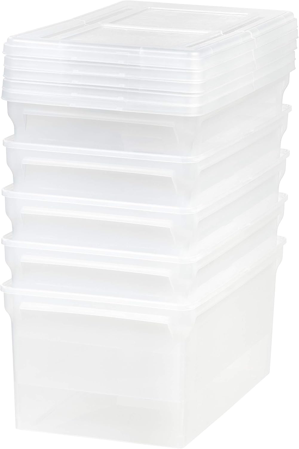IRIS USA File Box, File Organizer w/Hinged Split Lid for Letter File, Important Document Box, Plastic Storage Filing Bin for Moving, Stackable Nestable Portable, Pearl 44 Qt. 4 Pack