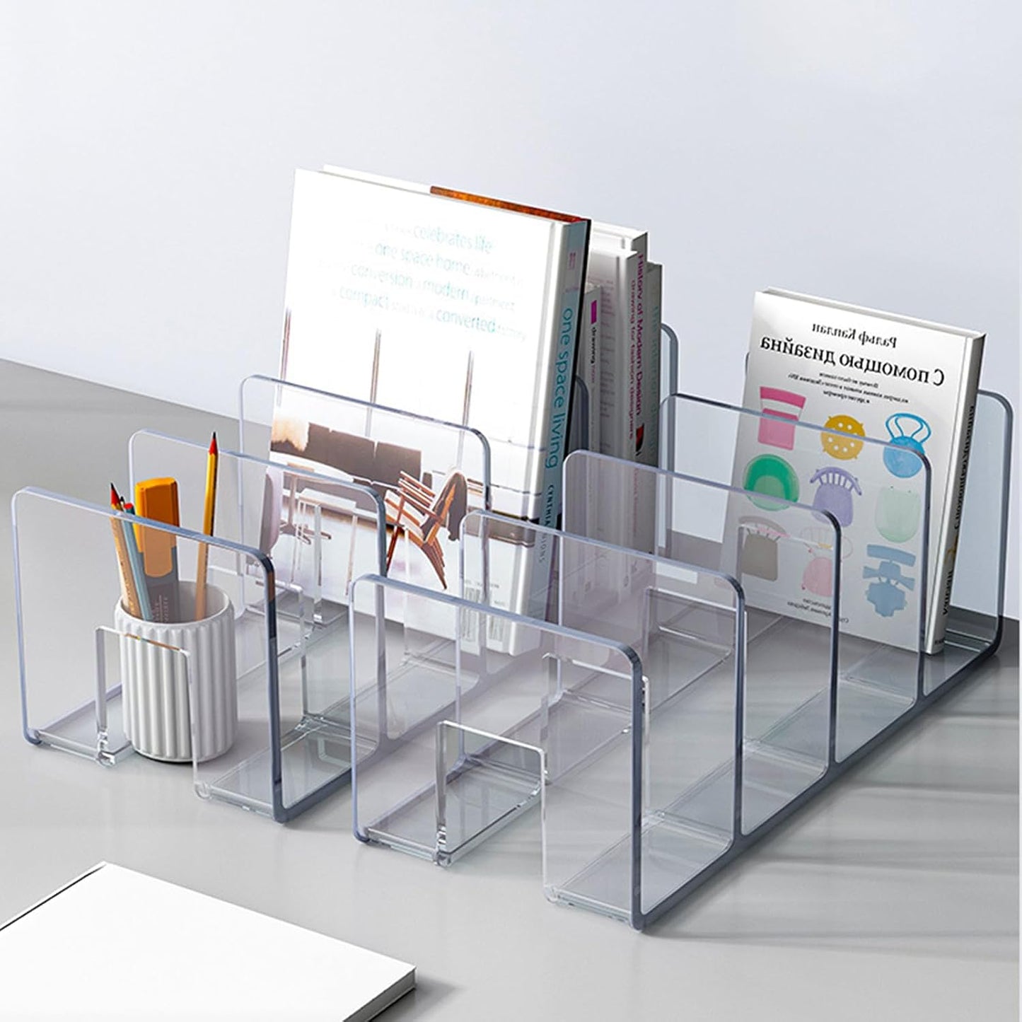 2PCS Acrylic File Organizer for Desk, Desktop Document/Mail Organizer, 4 Compartments Plastics Invisible Bookshelf Floating (12.5" x 5.7" x 5", Black)