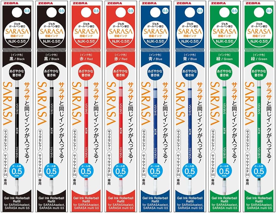 Zebra Ballpoint Pen Refill, NJK-0.5 Lead, Sarasa Multi, Sarasa Select, Preferred Compatible, Black, Red, Teal, Set of 8 RNJK5-BKRBLG-8AZ