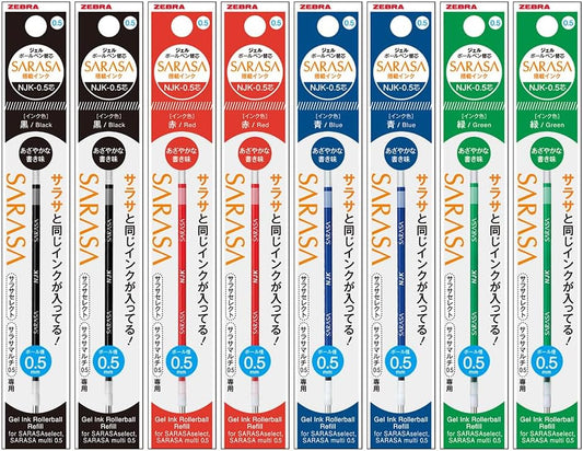 Zebra Ballpoint Pen Refill, NJK-0.5 Lead, Sarasa Multi, Sarasa Select, Preferred Compatible, Black, Red, Teal, Set of 8 RNJK5-BKRBLG-8AZ