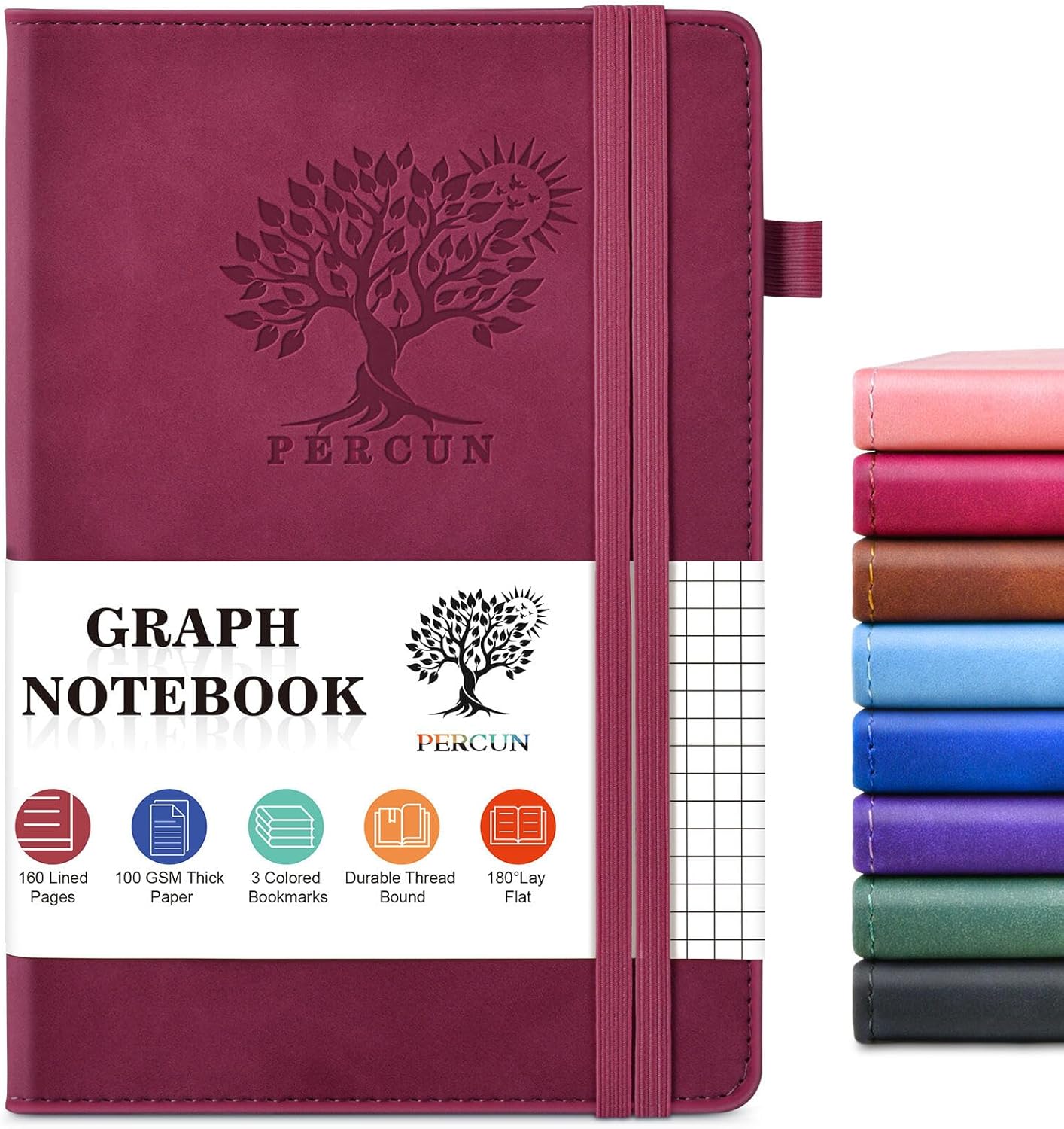 PERCUN Graph Paper Notebook, 160 Pages Grid Journal for women & men, A5 Hardcover Leather Graphing Notebook for School, Work, Travel, Note Taking 5.9”x8.5” (Black)