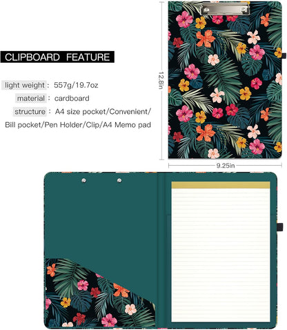 Hongri Clipboard Folio with Refillable Lined Notepad and Interior Storage Pocket for Students, Classroom, Office, Women, Man, Cute Custom Pattern, Size 12.8 x 9.2 in, Classic Flower