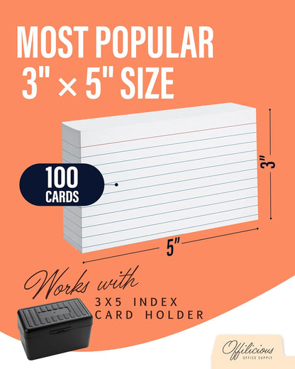 OFFILICIOUS Ruled Index Cards 3x5 — Durable Blank Cards Bulk for Writing Recipes, Notes & Flash Cards for Studying — 100 No Bleed-Through White Double-Sided Notecards 3x5 Lined & Blank