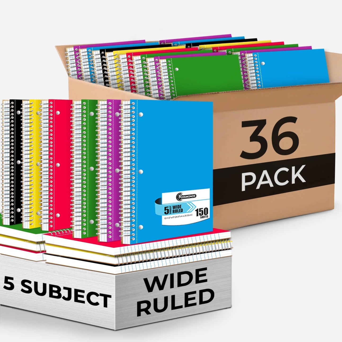 Rosmonde 5 Subject Notebook Wide Ruled, 6 Pack, 300 Pages (150 Sheets), 8 x 10-1/2", 5 Subject Spiral Notebook with Dividers, Thick Paper Fights Ink Bleed, 3 Hole Punched, Spiral Notebooks for School