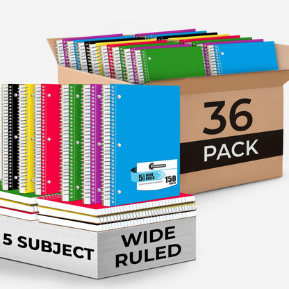 Rosmonde 5 Subject Notebook Wide Ruled, 6 Pack, 300 Pages (150 Sheets), 8 x 10-1/2", 5 Subject Spiral Notebook with Dividers, Thick Paper Fights Ink Bleed, 3 Hole Punched, Spiral Notebooks for School