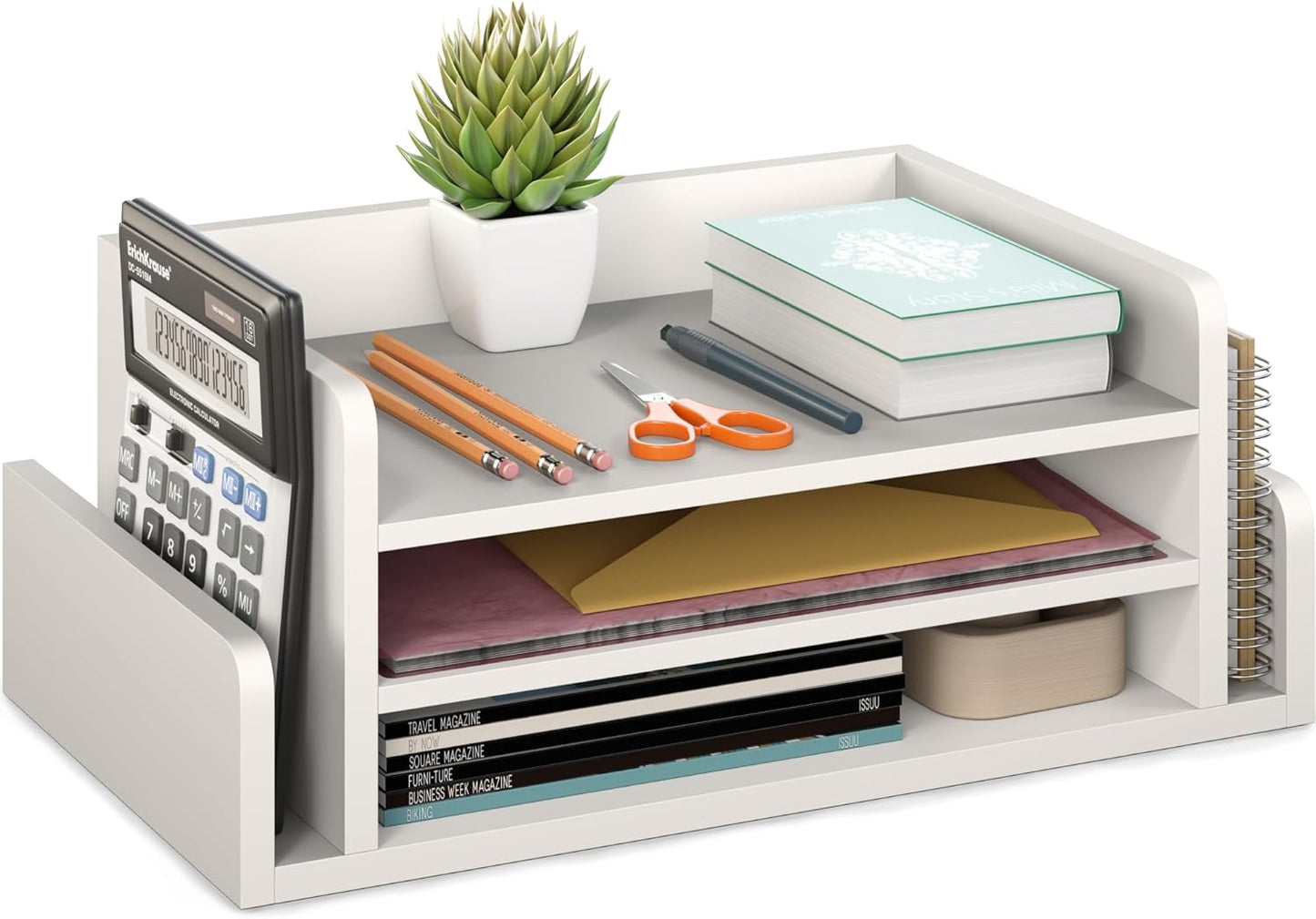 Ballucci 3-Tier Desk Organizer with 2 Side Mail Sorter Slots, Wood Letter Tray, Open Top Paper Organizer, Desktop File Organizer, Black