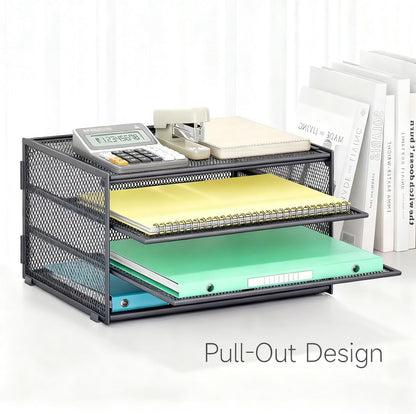Lavatino 3-Tier Letter Tray Desk Organizer, Mesh Metal Paper File Tray Organizer for Desk, Office Supplies & Home Organization, Fits A4 Paper, Mail, Magazines & Office Accessories (Black with Handle)
