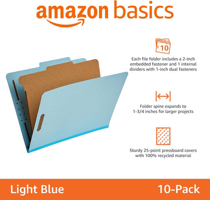 Amazon Basics Classification Folder with Prongs, 100% Recycled, 2 Dividers, 2" Embedded Fasteners, Letter Size, for Documents Organization, Light Blue, 10 Count