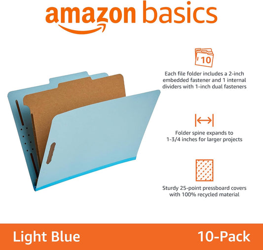 Amazon Basics Classification Folder with Prongs, 100% Recycled, 2 Dividers, 2" Embedded Fasteners, Letter Size, for Documents Organization, Light Blue, 10 Count